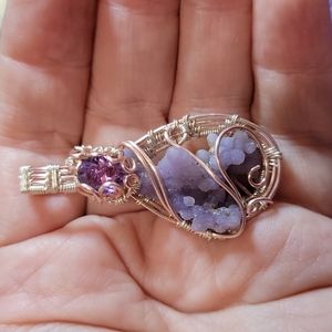 Grape Agate & Amethyst Wire Wrap Pendant